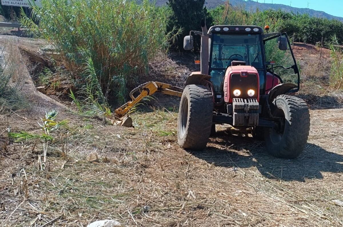 Un tractor realiza trabajos de limpieza en una rambla de Cartagena