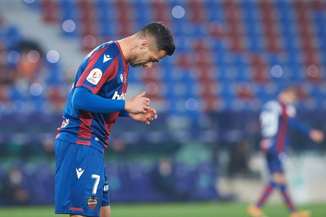 Sergio Leon of Levante reacts during the Spanish Copa del Rey Semi Final second leg match between Levante and Athletic Club de Bilbao 