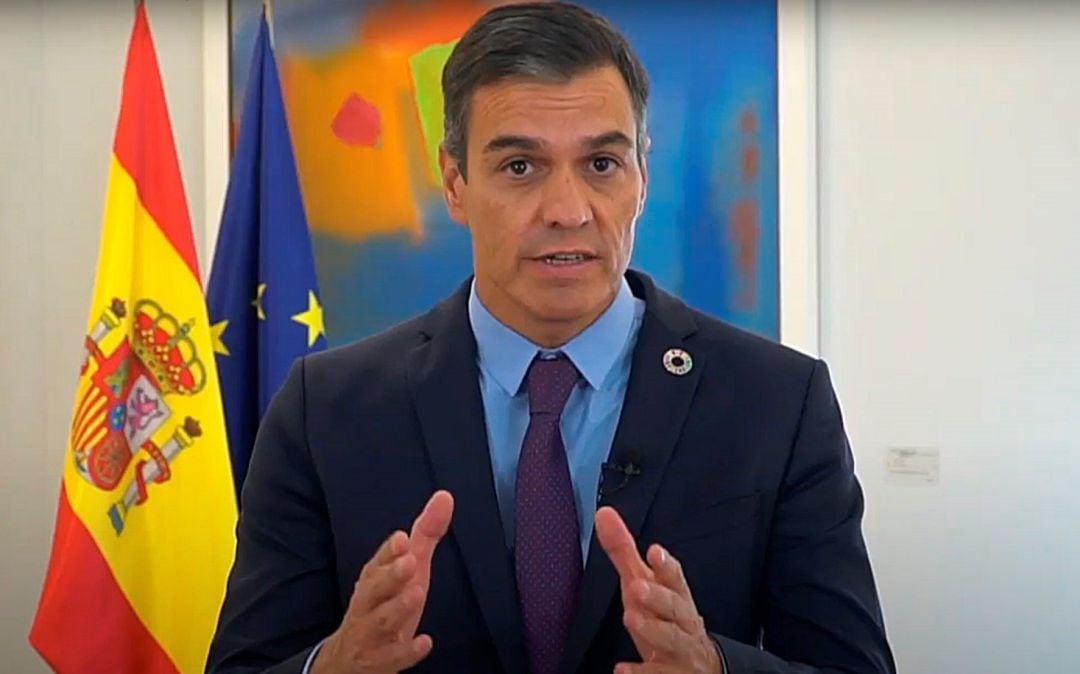 El presidente del Gobierno, Pedro Sánchez durante una intervención virtual en una cumbre medioambiental internacional en Viena.