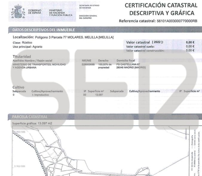 Documento del registro catastral que acredita que el titular de la parcela en la que se produjo la tragedia de Melilla es el Ministerio de Transporte