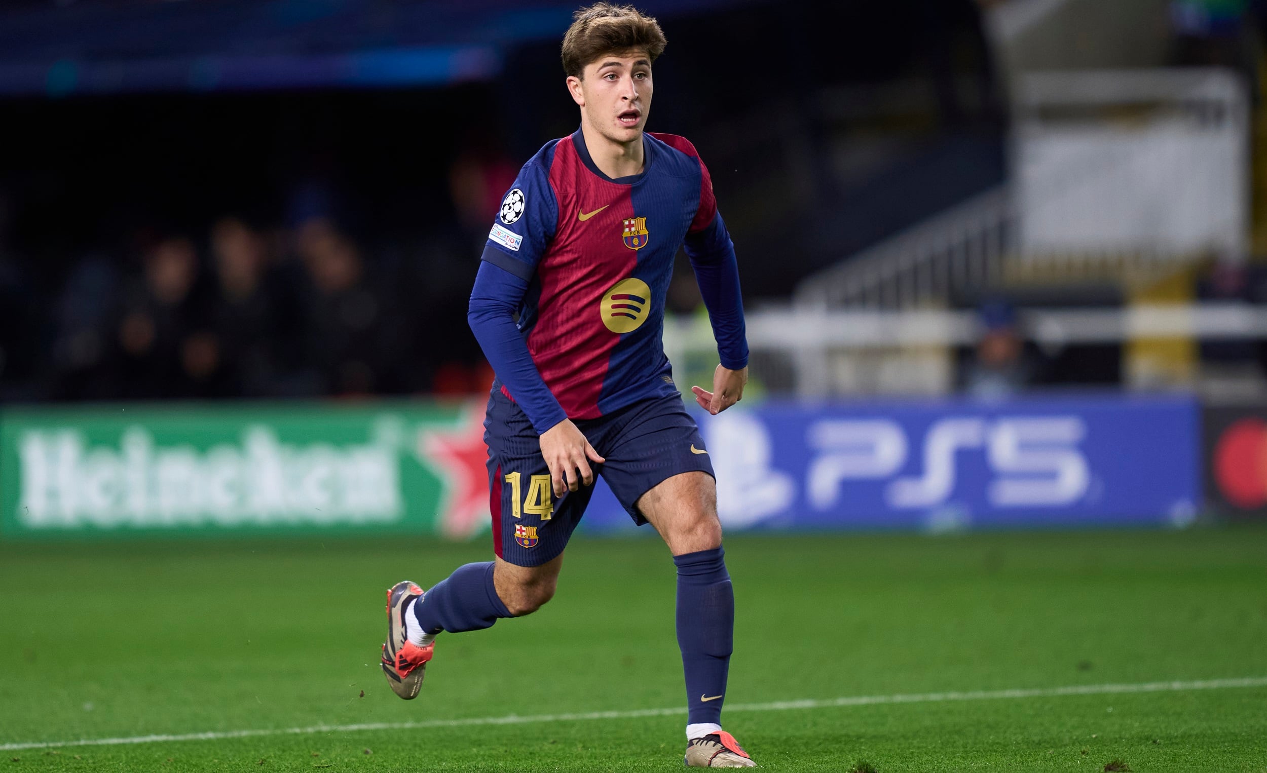 BARCELONA, SPAIN - NOVEMBER 26: Pablo Torre of FC Barcelona in action during the UEFA Champions League 2024/25 League Phase MD5 match between FC Barcelona and Stade Brestois 29 at Estadi Olimpic Lluis Companys on November 26, 2024 in Barcelona, Spain. (Photo by Pedro Salado/Getty Images)