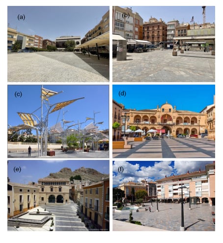 Ejemplos de plazas duras: Plaza Europa (a) y Plaza Cristo del Rescate (b) en 
Murcia; Plaza del Rey (c) en Cartagena; Plaza España (d) en Lorca; Plaza de Arriba (e) en Jumilla; y Plaza Balsa Vieja (f) en Totana