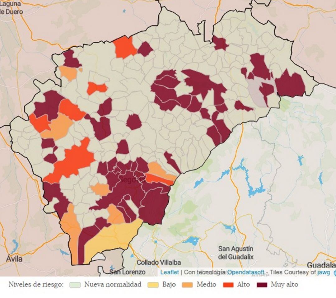 Mapa de incidencia de contagios por coronavirus en la provincia de Segovia