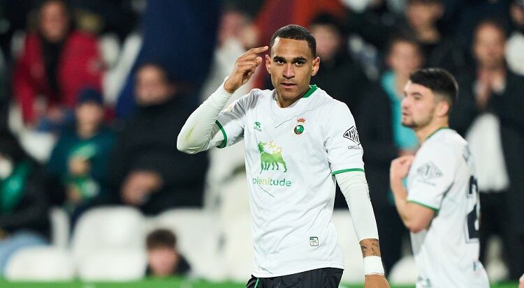 SANTANDER, SPAIN - FEBRUARY 13: Jordi Mboula of Real Racing Club celebrates after scoring his team's second goal during the LaLiga Smartbank match between Racing Santander and CD Leganes at El Sardinero stadium on February 13, 2023 in Santander, Spain. (Photo by Juan Manuel Serrano Arce/Getty Images)