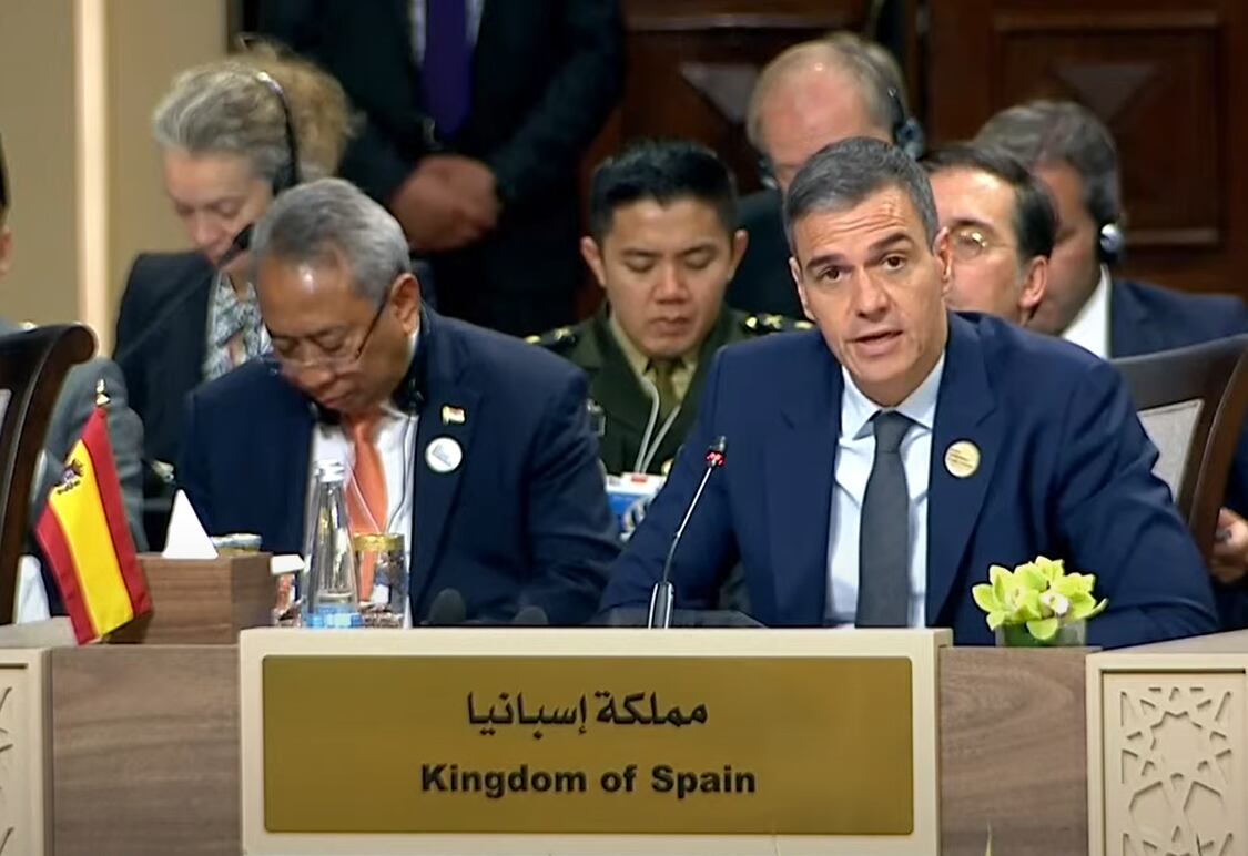 Pedro Sánchez durante su intervención en la reunión de Jordania