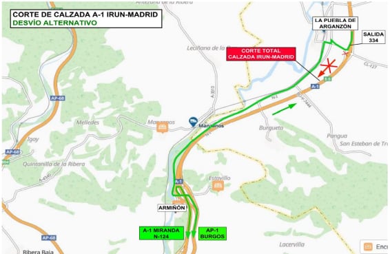 Se producirá un corte total del tráfico en la calzada de la A-1, sentido Irún-Madrid, entre la salida 334 (La Puebla de Arganzón, (provincia de Burgos) y la salida 328 (Armiñón, provincia deÁlava)