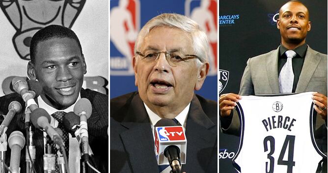 Michael Jordan, elegido por los Bulls, David Stern en una rueda de prensa y Paul Pierce, fichado por Brooklyn.