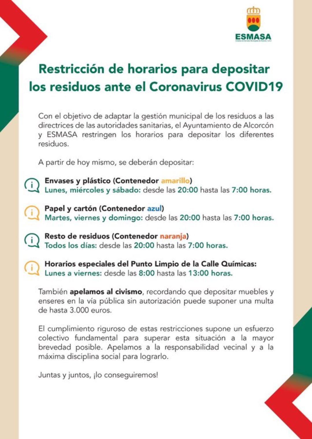 Bando con la restricción de horarios para depositar los residuos