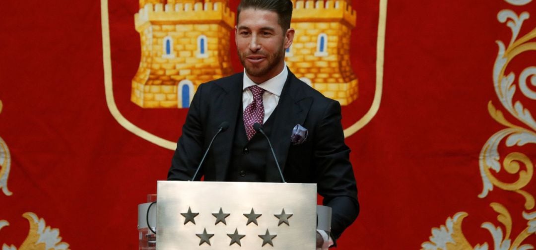 El capitán del Real Madrid CF y de la Selección Española de fútbol Sergio Ramos, durante la entrega los Premios 7 Estrellas del Deporte de la Comunidad de Madrid.