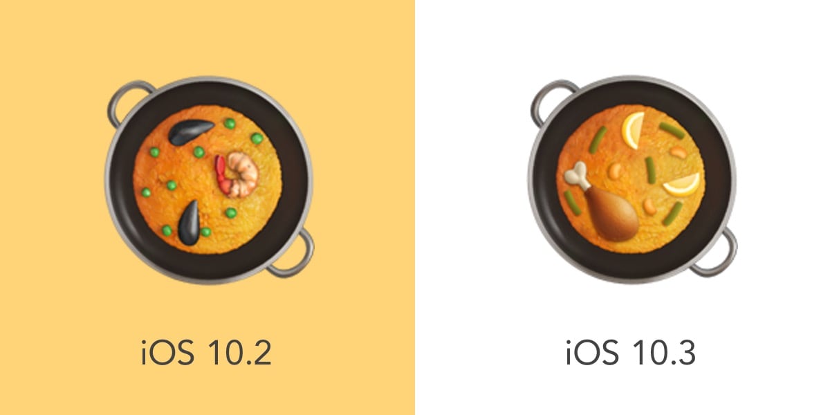 La evolución del emoji de la paella, tal y como se veía en 2016 (I) y su modificación en 2017 (D).