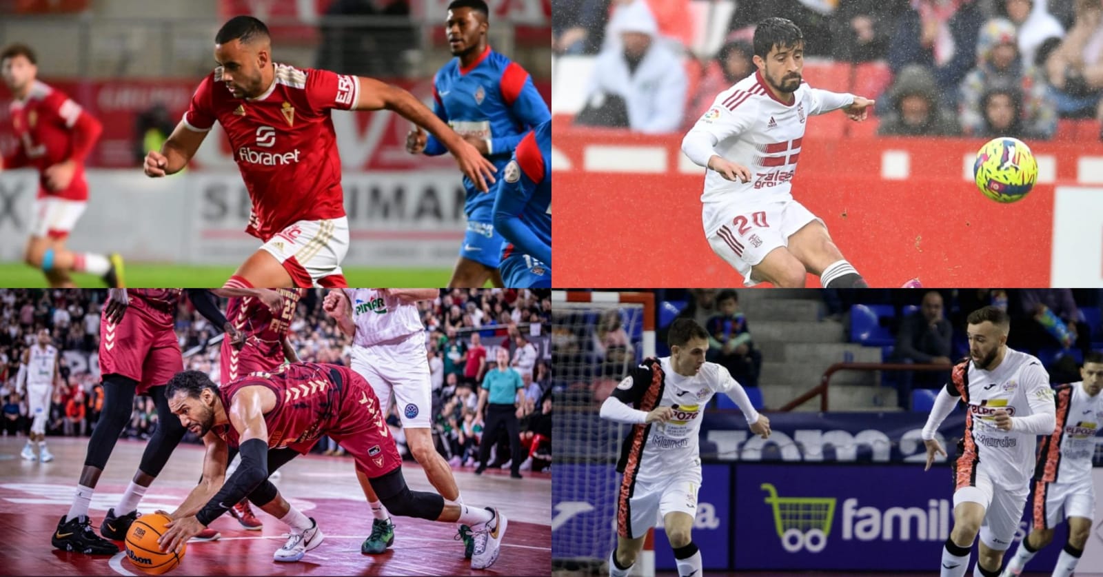 Ganet (Real Murcia), Jairo (FC Cartagena), Sadiel Rojas (UCAM Murcia CB), Marcel y Rafa Santos (ElPozo Murcia) durante un partido de competición oficial