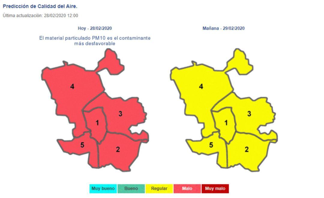 Mapa de la predicción de calidad del aire en Madrid.