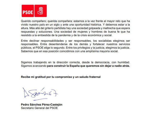 Fragmento de la carta de Pedro Sánchez a la militancia.