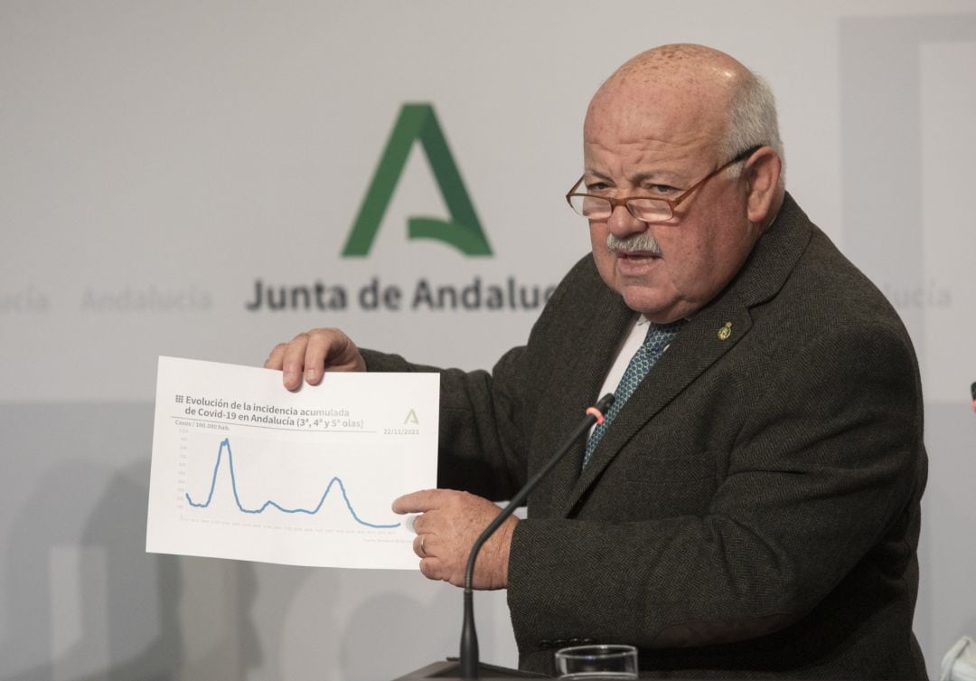 El consejero de Salud y Familias, Jesús Aguirre, durante la rueda de prensa tras la reunión del Consejo de Gobierno de la Junta de Andalucía. 