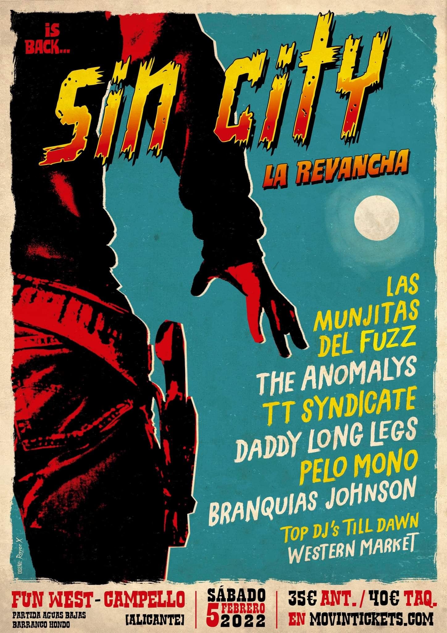 Cartel de la fiesta tematizada Sin City en El Campello.