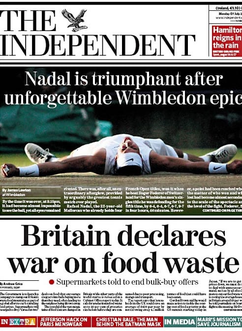 Nadal copa las portadas de la prensa inglesa. En este caso, la primera del Independent.