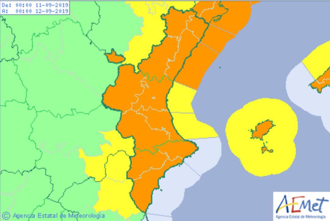 Mapa de alertas para la Safor de la Aemet. 