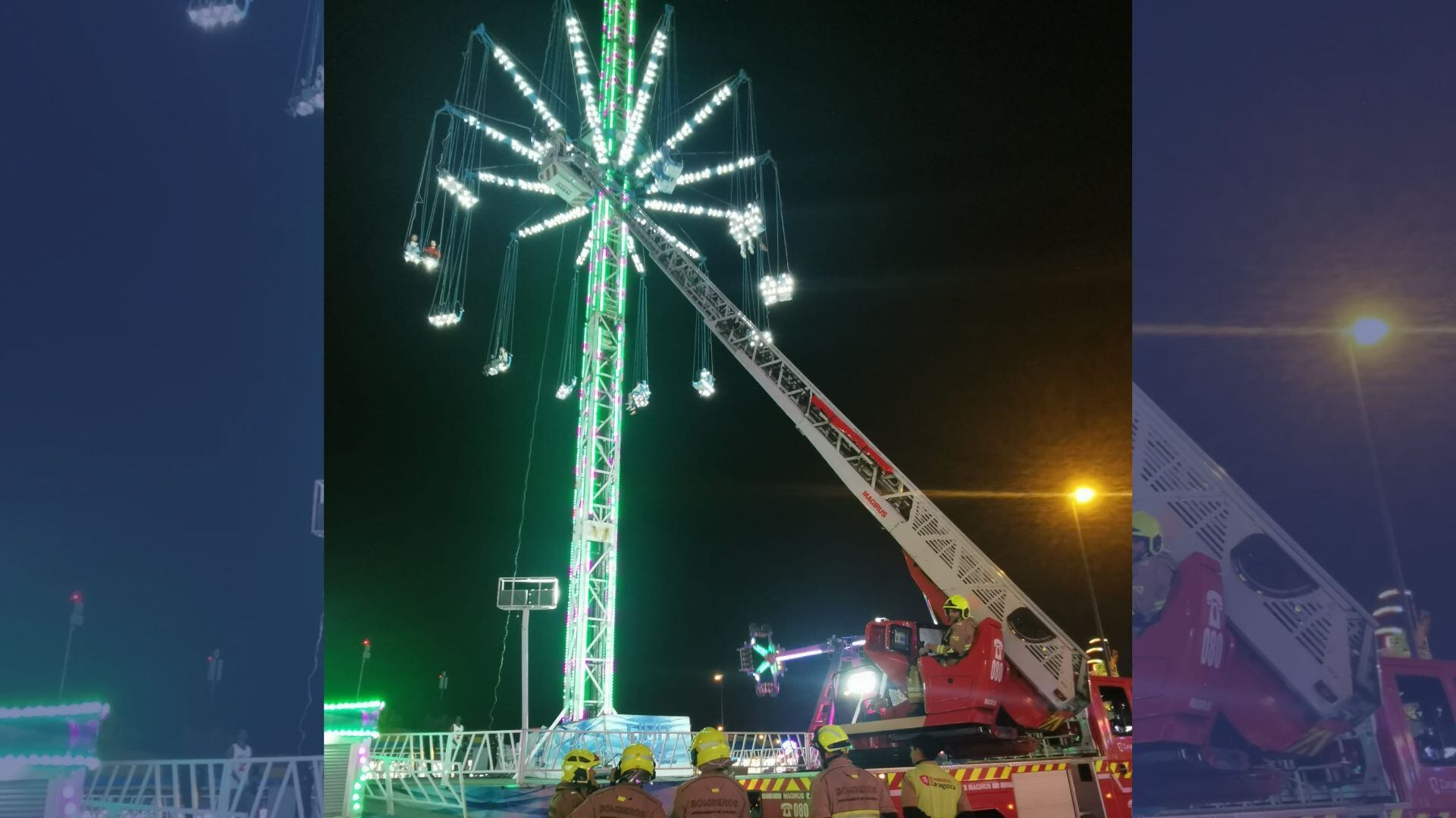 Atrapados a 18 metros de altura: los Bomberos rescatan a 14 personas en una atracción averiada en las Fiestas del Pilar  de Zaragoza