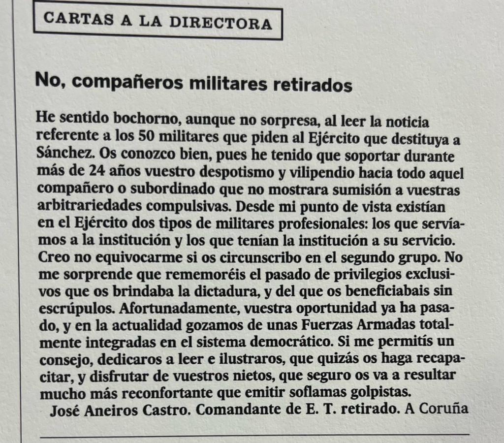 Carta a la directora de &#039;El País&#039; sobre el manifiesto de los militares retirados