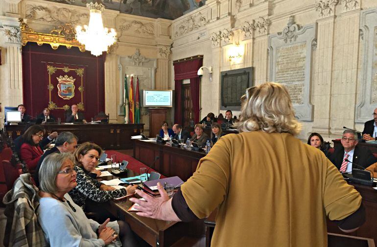 Pleno municipal durante la intervención de Carmela Fernández, presidenta de la asociación de vecinos de Campanillas sobre la piscina municipal del distrito