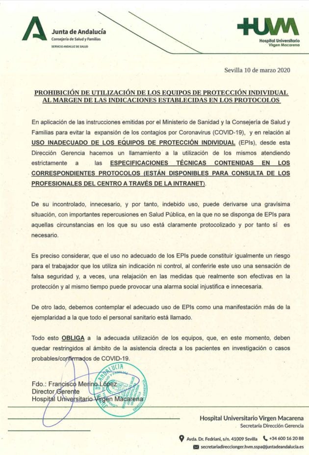 Carta de la Gerencia del Hospital Macarena del 10 de marzo de 2020 en la que se restringía el uso de los equipos de protección al personal del centro.