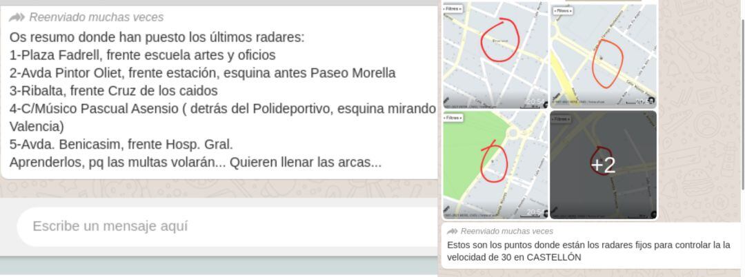 Imágenes de los mensajes que han circulado por redes sociales sobre radares instalados en Castelló. 