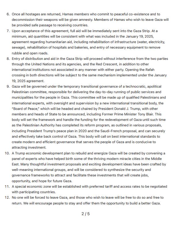 Capturas de pantalla del plan de 20 puntos de Trump para la Franja de Gaza que ha aceptado Netanyahu / The White House.