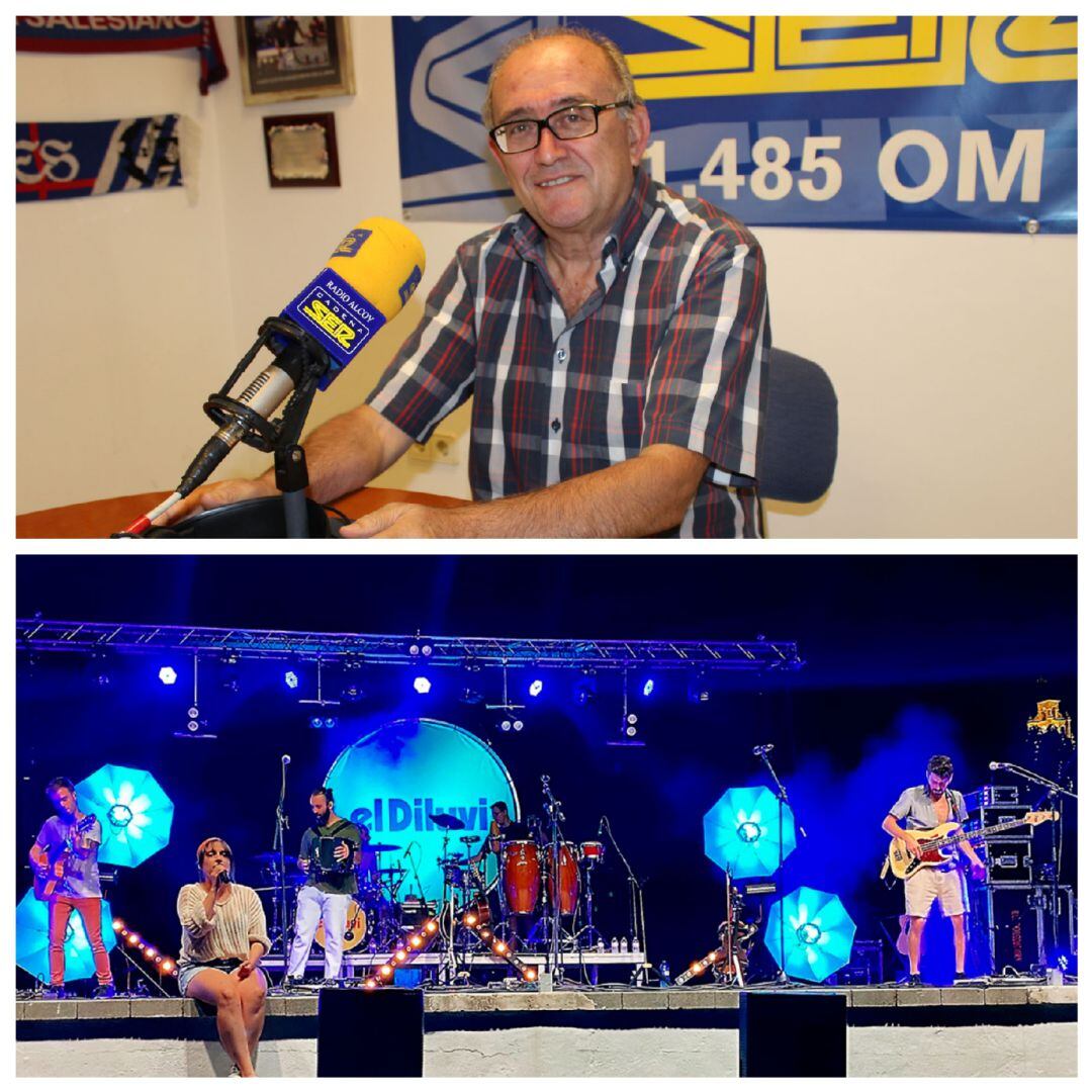 Ximo Cardenal en l'estudi de Radio Alcoy i una actuació del grup El Diluvi