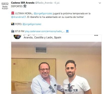 Captura del twitter que adelantaba el acuerdo entre el jugador y el club como adelantó en centrocampista en sus redes sociales.