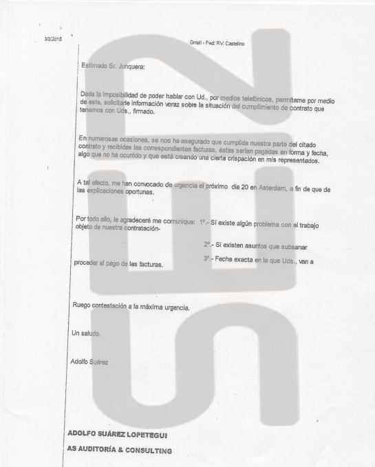 El correo electrónico que el representante de Castelino en España escribe a Germán Junquera (Elecnor).