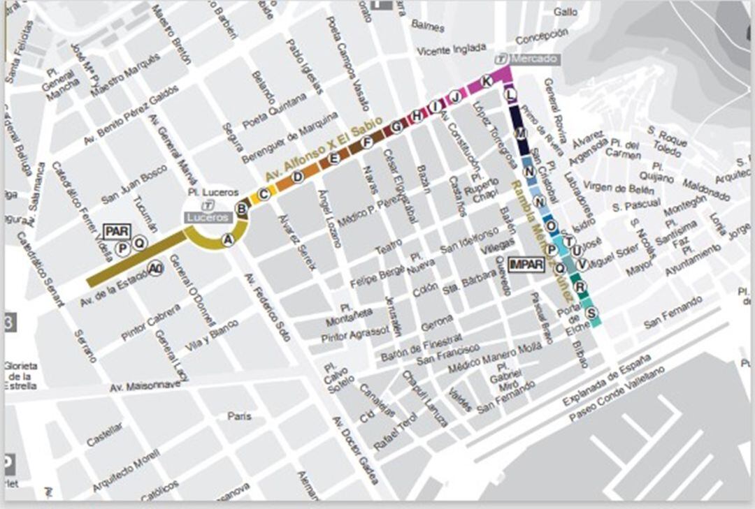 Plano del recorrido y ampliación de la cabalgata de Reyes de Alicante 