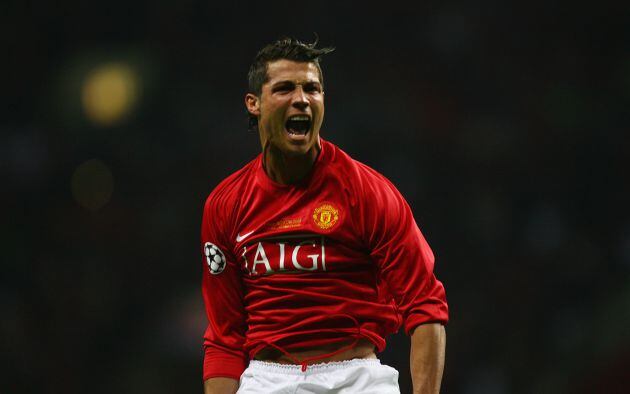 Cristiano Ronaldo celebrando un gol con la camiseta del United