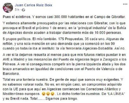 Escrito de Ruiz Boix en su perfil de Facebook