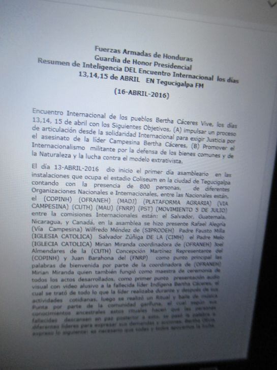 Informe sobre las actividades de las organizaciones sociales incautado al presunto infiltrado