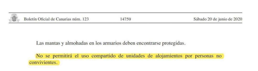 "No se permitirá el uso compartido de unidades de alojamientos por personas no convivientes", reza el Boletín Oficial de Canarias del sábado 20 de junio