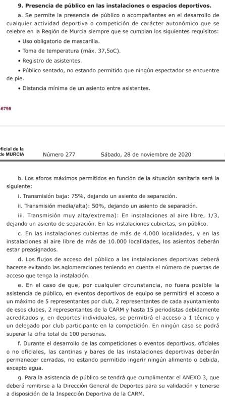 Epígrafe del BORM sobre la asistencia de público en recintos deportivos