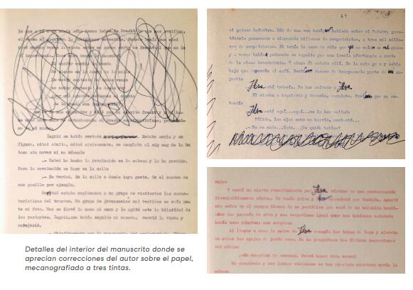 Detalles del interior del manuscrito donde se aprecian correcciones del autor sobre el papel, mecanografiado a tres tintas | Editorial Navona