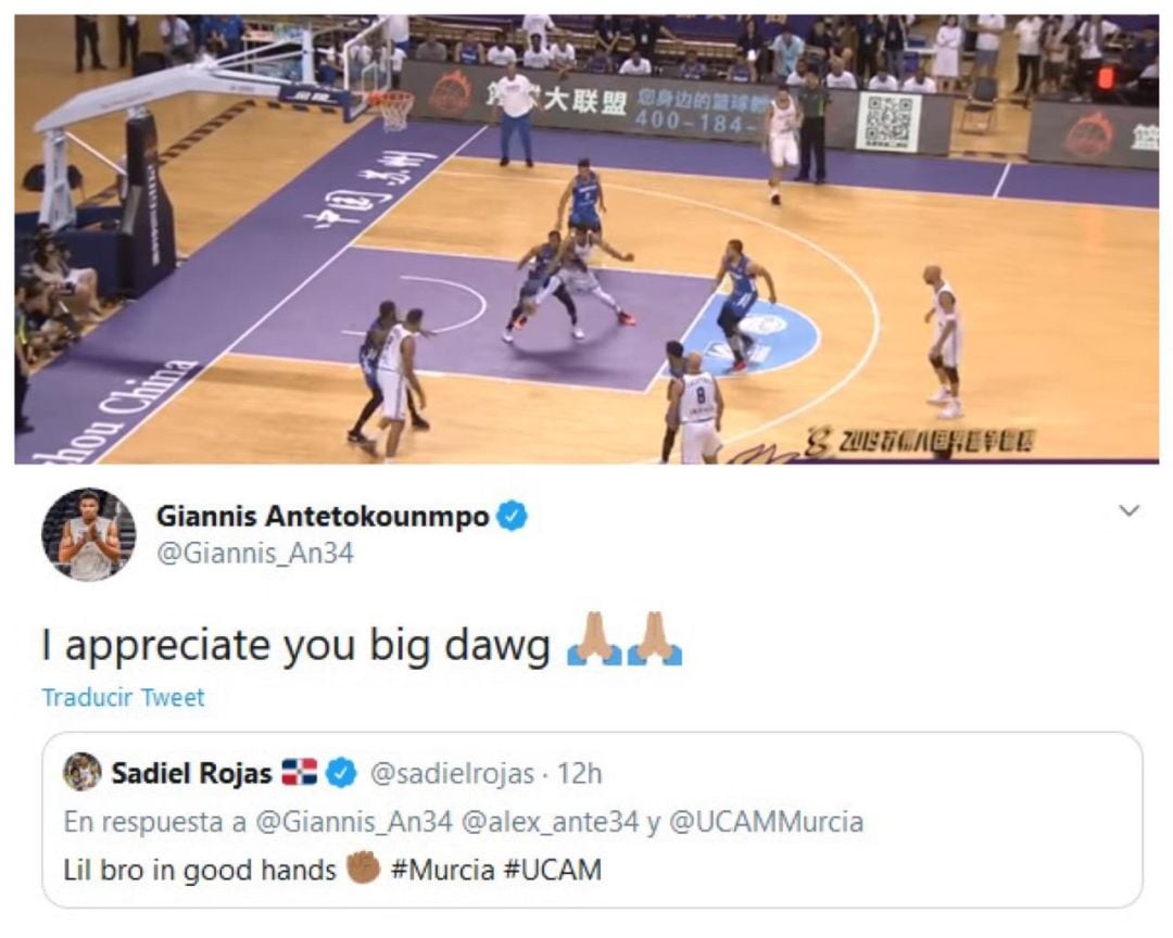 Imagen del choque entre Giannis Antetokounmpo y Sadiel Rojas y la reacción en redes tras el fichaje de Alex por el UCAM