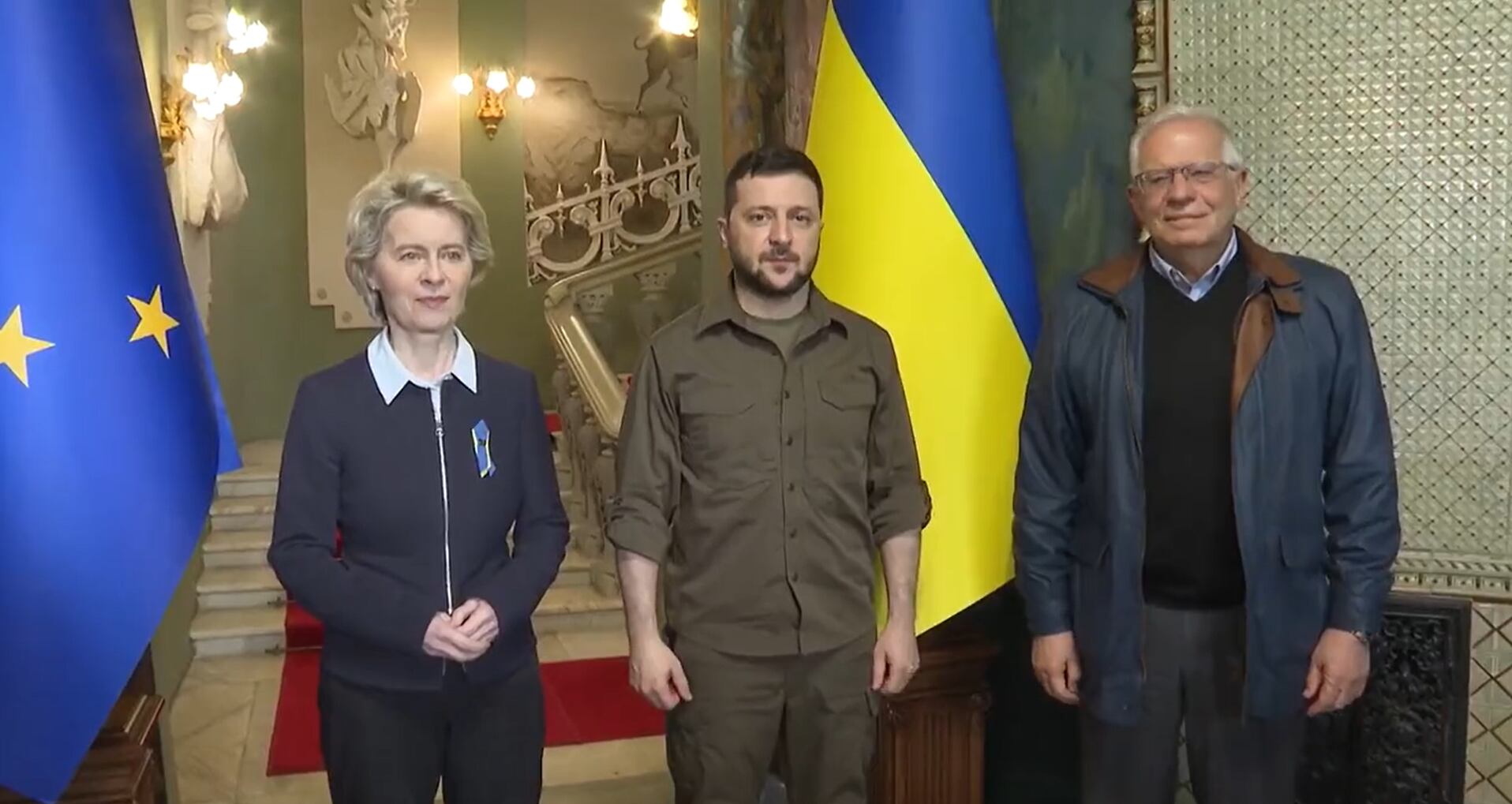 Imagen del encuentro entre Josep Borrell, Ursula Von der Leyen y Volodomir Zelenksi en Kiev