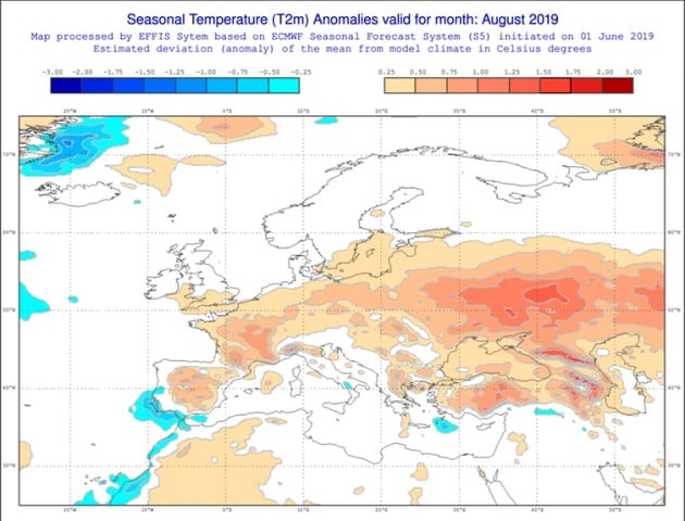 Anomalías estacionales de la temperatura previstas para agosto.