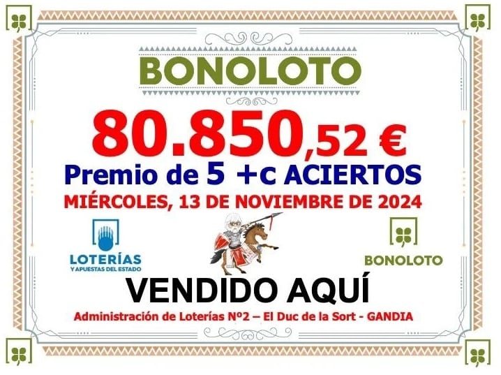 Premio del sorteo de Bonoloto repartido en Gandia