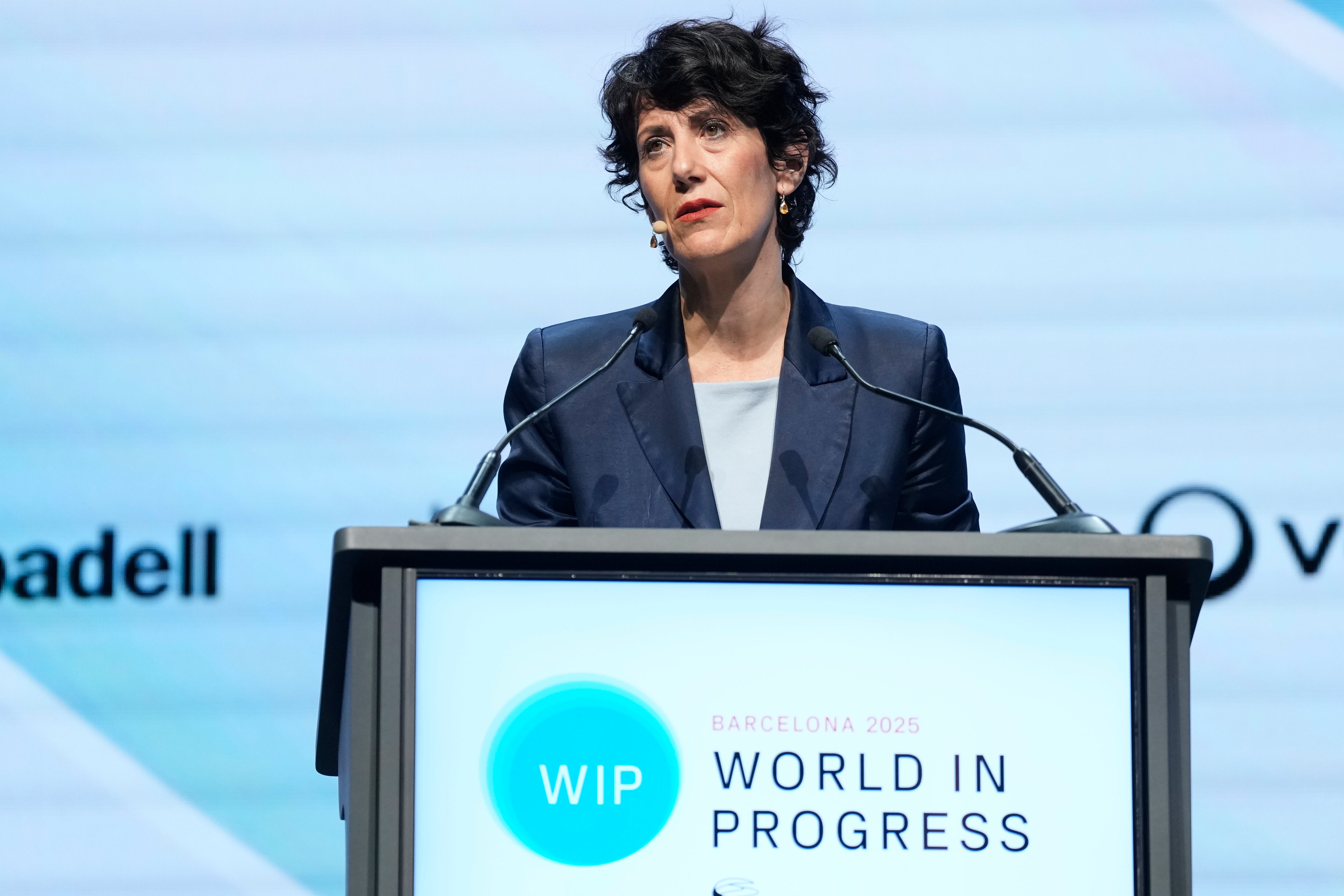 La ministra de Inclusión, Seguridad Social y Migraciones, Elma Saiz, durante su participación en el foro internacional World in Progress (WIP).