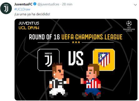 El tuit de la Juventus anunciando el encuentro ante el Atlético de Madrid de los octavos de final de la Champions League.