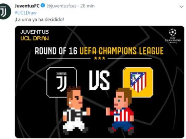 El tuit de la Juventus anunciando el encuentro ante el Atlético de Madrid de los octavos de final de la Champions League.