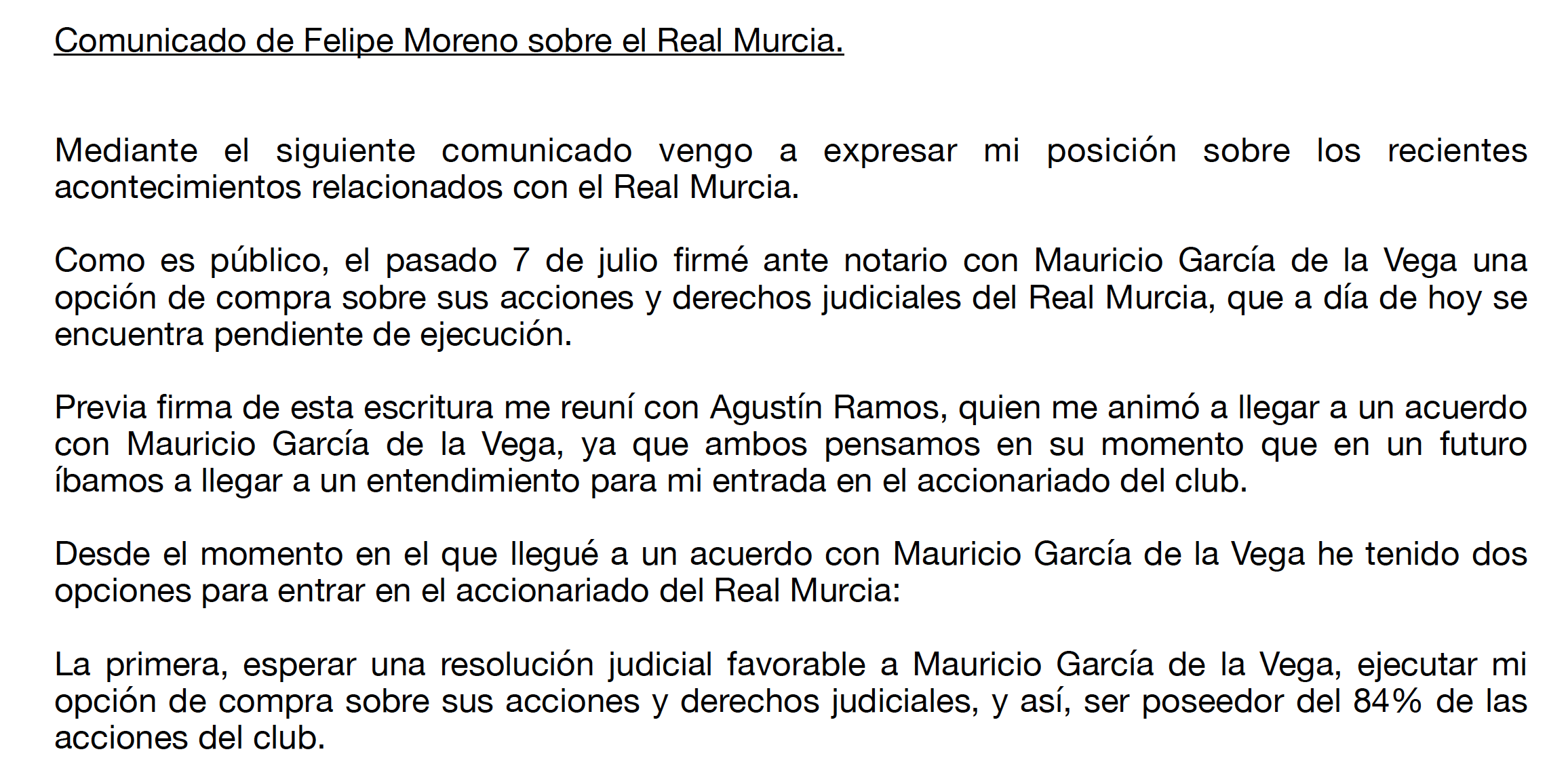 Imagen del comunicado de Felipe Moreno