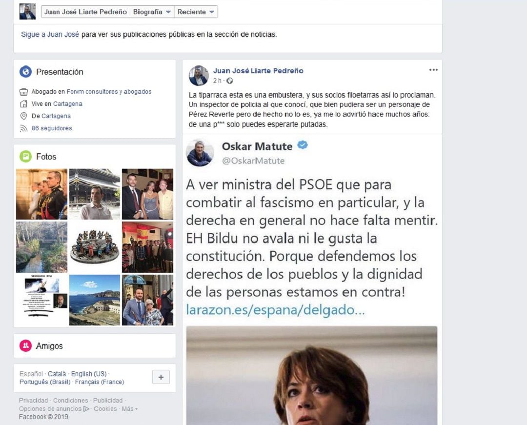 Juan José Liarte, portavoz de Vox en la Asamblea Regional de Murcia, insulta en Facebook a la Ministra de Justicia en funciones, Dolores Delgado