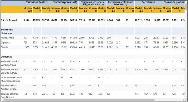 Datos de escolarización del curso 2018-19, según el modelo lingüístico, en la provincia de Álava