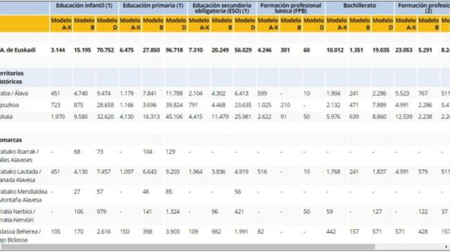 Datos de escolarización del curso 2018-19, según el modelo lingüístico, en la provincia de Álava