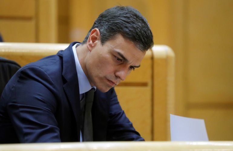 El presidente del Gobierno, Pedro Sánchez, durante su asistencia al pleno del Senado