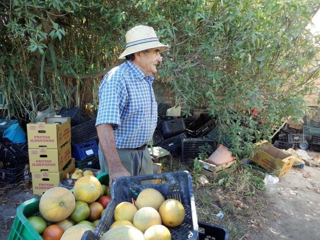 Juan, rodeado de cajas con frutas y verduras de su fértil huerta